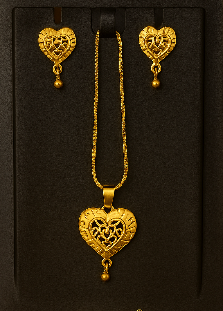 Gold-Plated Heart Pendant & Earrings Set – Elegant Daily Wear Jewellery for Women