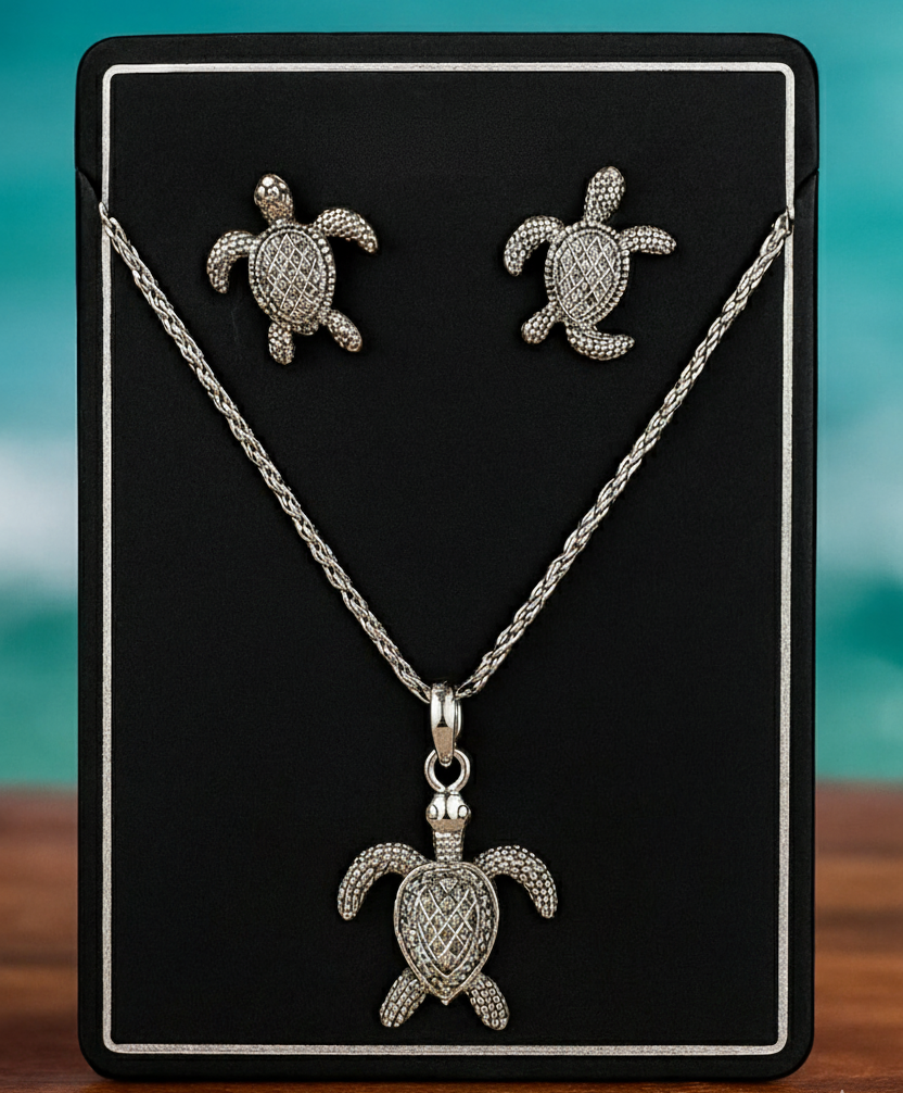 π’ Silver Turtle Pendant & Earring Set β Elegant Ocean-Inspired Artificial Jewellery by PEARLOS