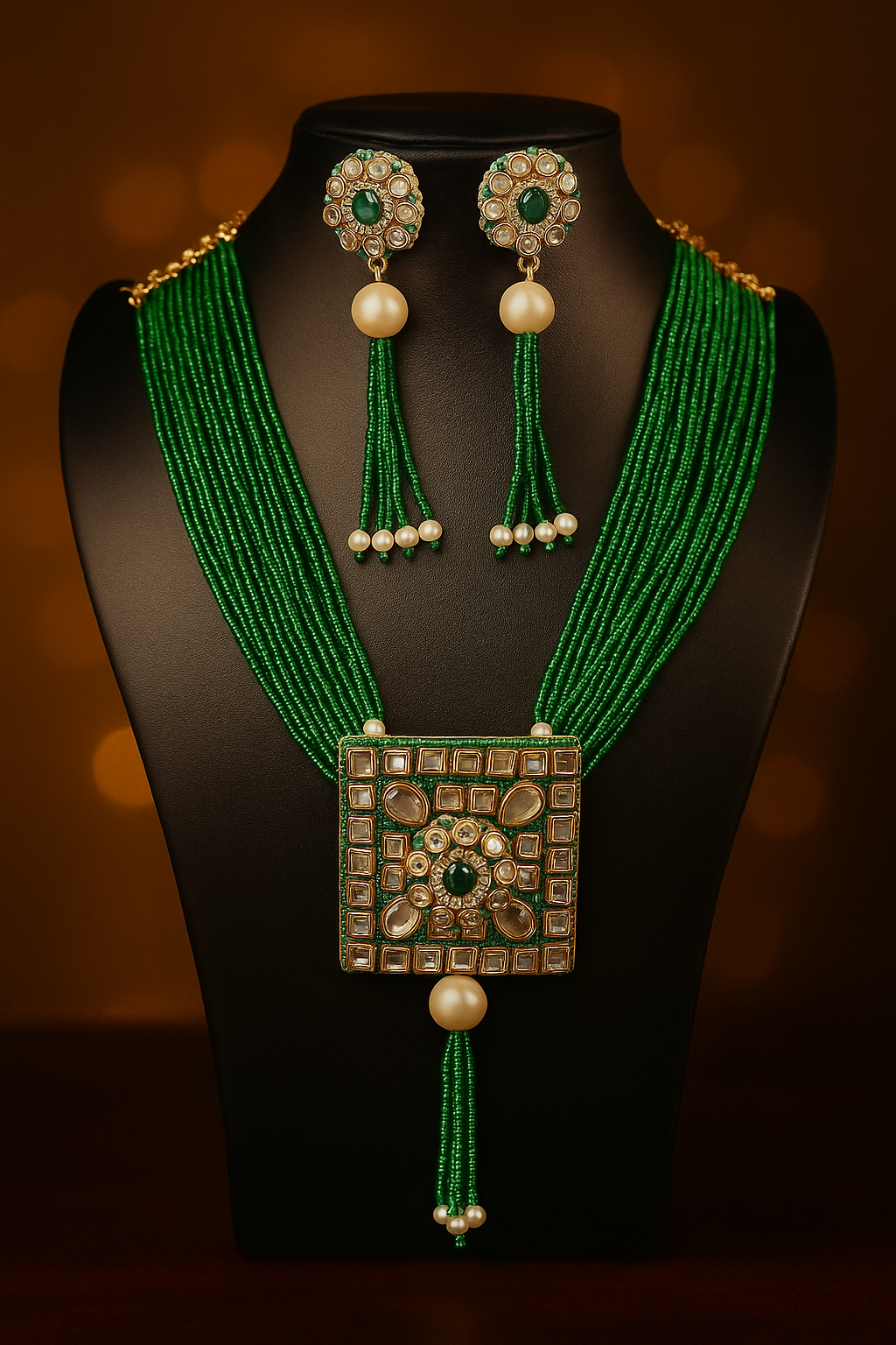 PEARLOS Premium Green Beaded Kundan Pendant Necklace Set with Matching Earrings | Bridal & Party Wear Artificial Jewellery