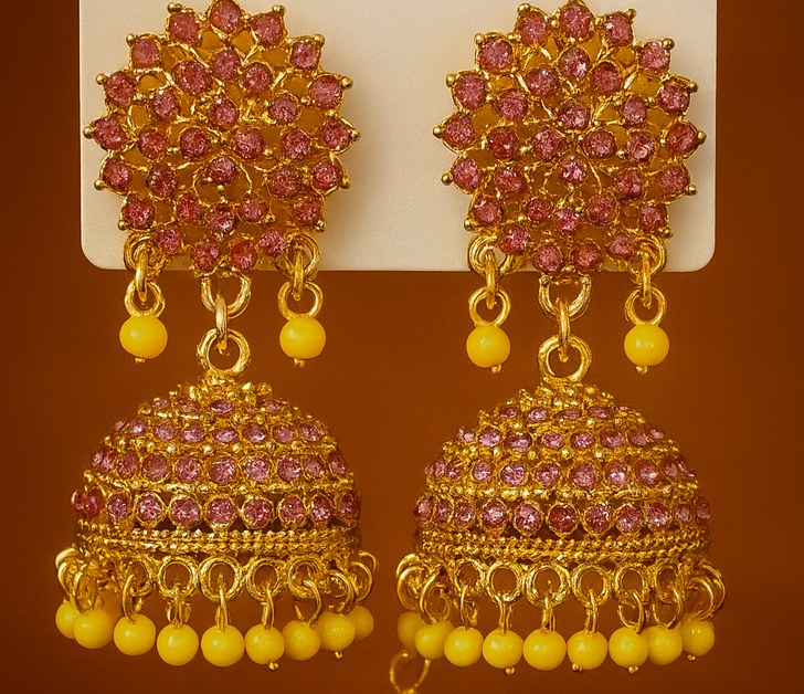 Traditional Gold-Plated Jhumka Earrings with Yellow Beads – Bridal & Festive Wear