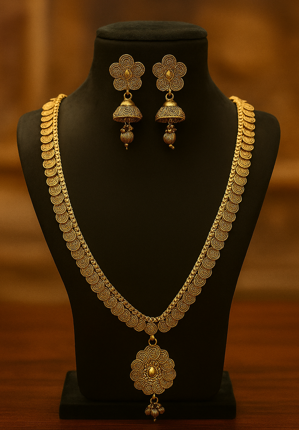Traditional Antique Gold Plated Necklace Set with Jhumka Earrings | Pearlos Jewellery