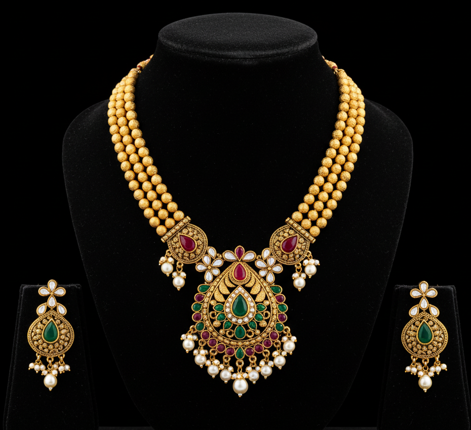 Royal Traditional Gold Plated Necklace Set with Kundan Stones & Matching Earrings