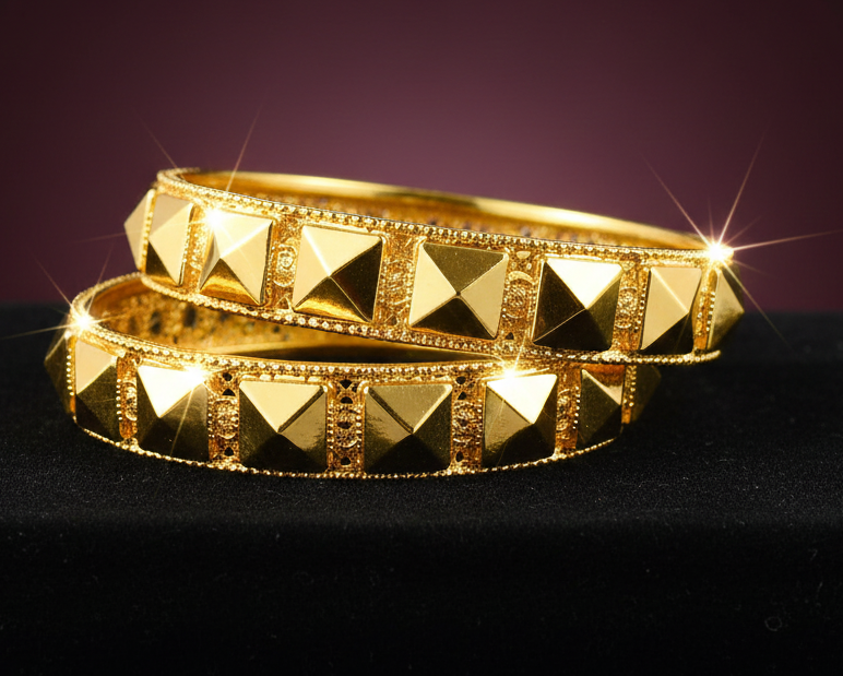 Gold-Toned Faceted Cut-Work Bangle Set | High Shine Daily Wear Kada