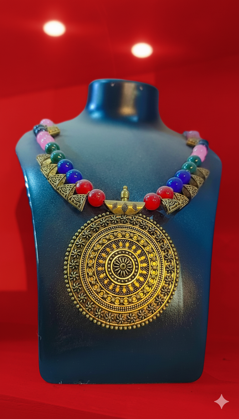 Bohemian Statement Necklace: Antique Gold Tribal Pendant & Multi-Color Beads