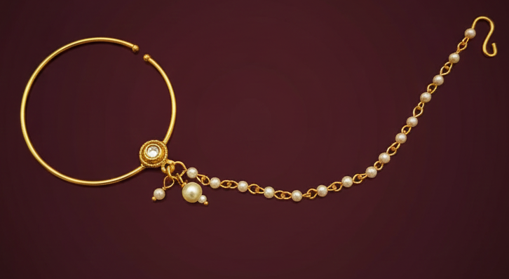 Traditional Gold Plated Nath (Nose Ring) with Pearl Chain (Sahara)