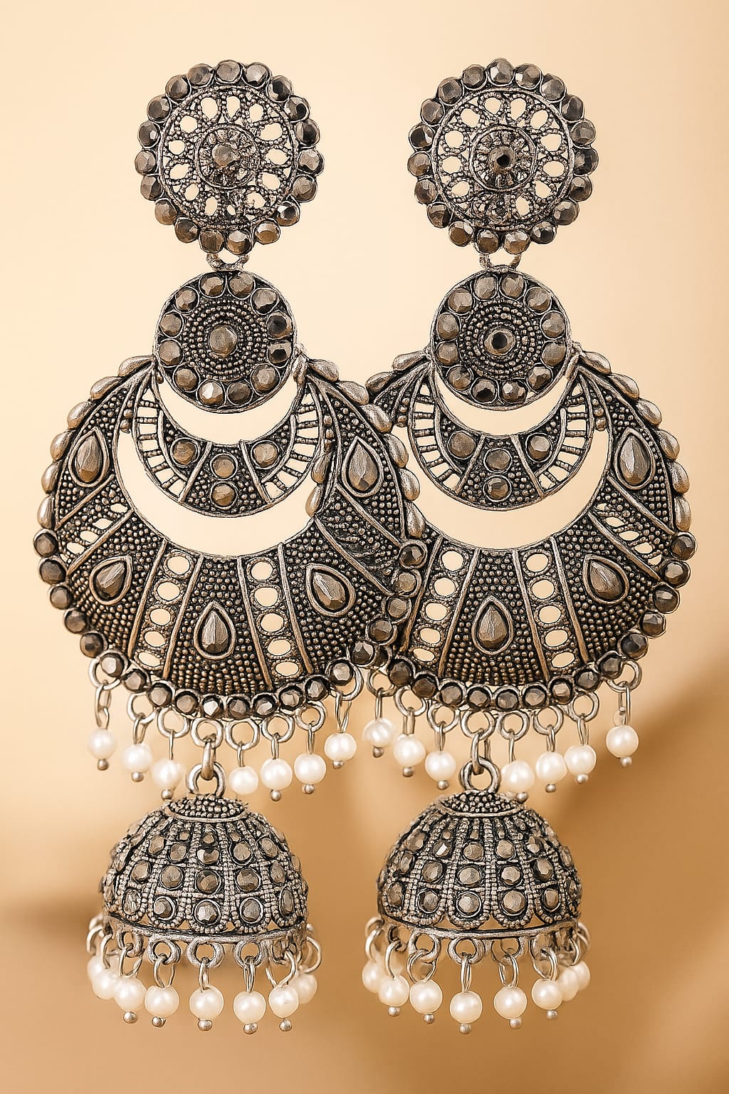 Antique Silver Oxidized Jhumka Earrings for Women | Traditional Ethnic Dangler Earrings with Pearl Drops