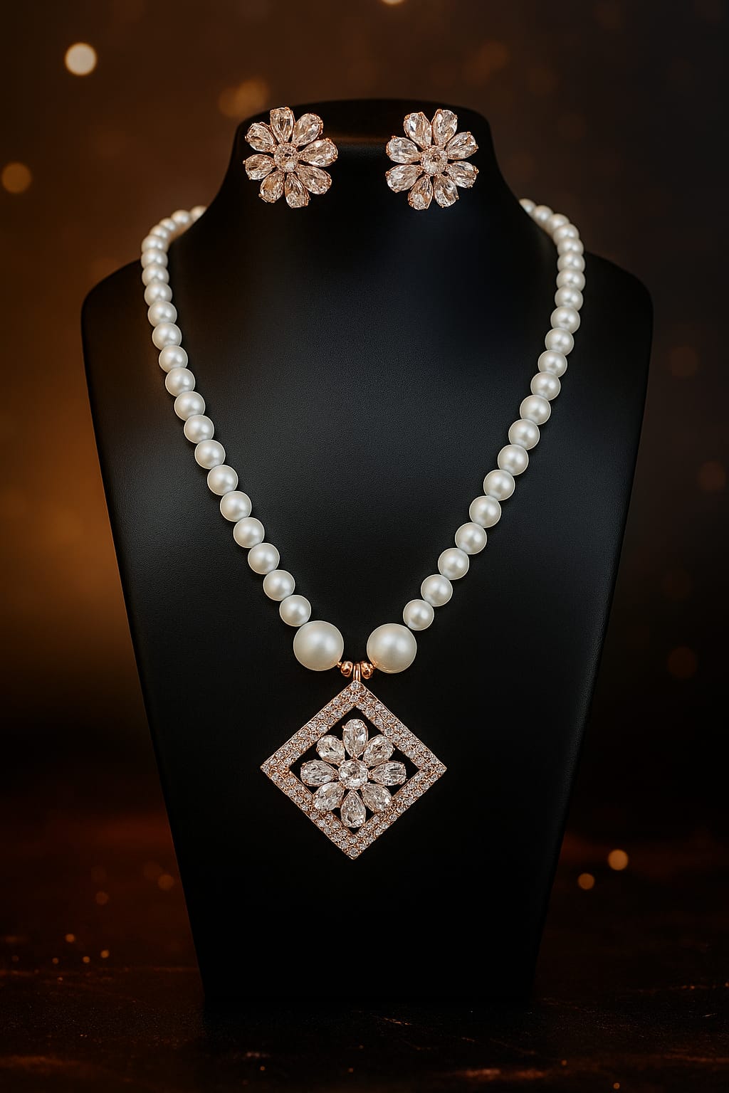 Elegant Pearl Necklace Set With Floral Zircon Pendant & Earrings | Bridal & Party Jewelry