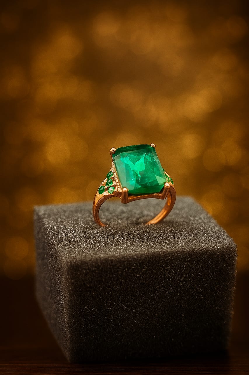 Rose Gold Emerald Cut Statement Ring | Natural Emerald & Accent Stones