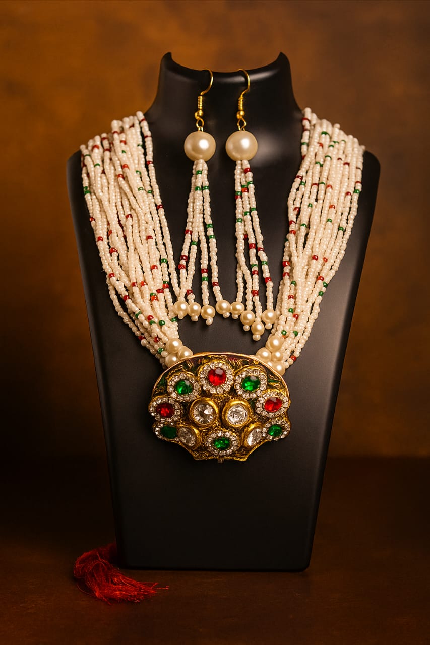 Elegant Multi-Strand Pearl Beaded Necklace Set with Kundan Pendant | Traditional Indian Jewellery