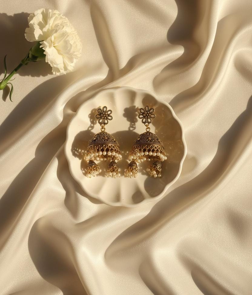 Traditional Antique Gold Finish Multi-Layered Jhumka Earrings with Pearl Bead Detailing | Classic Ethnic Earrings for Women