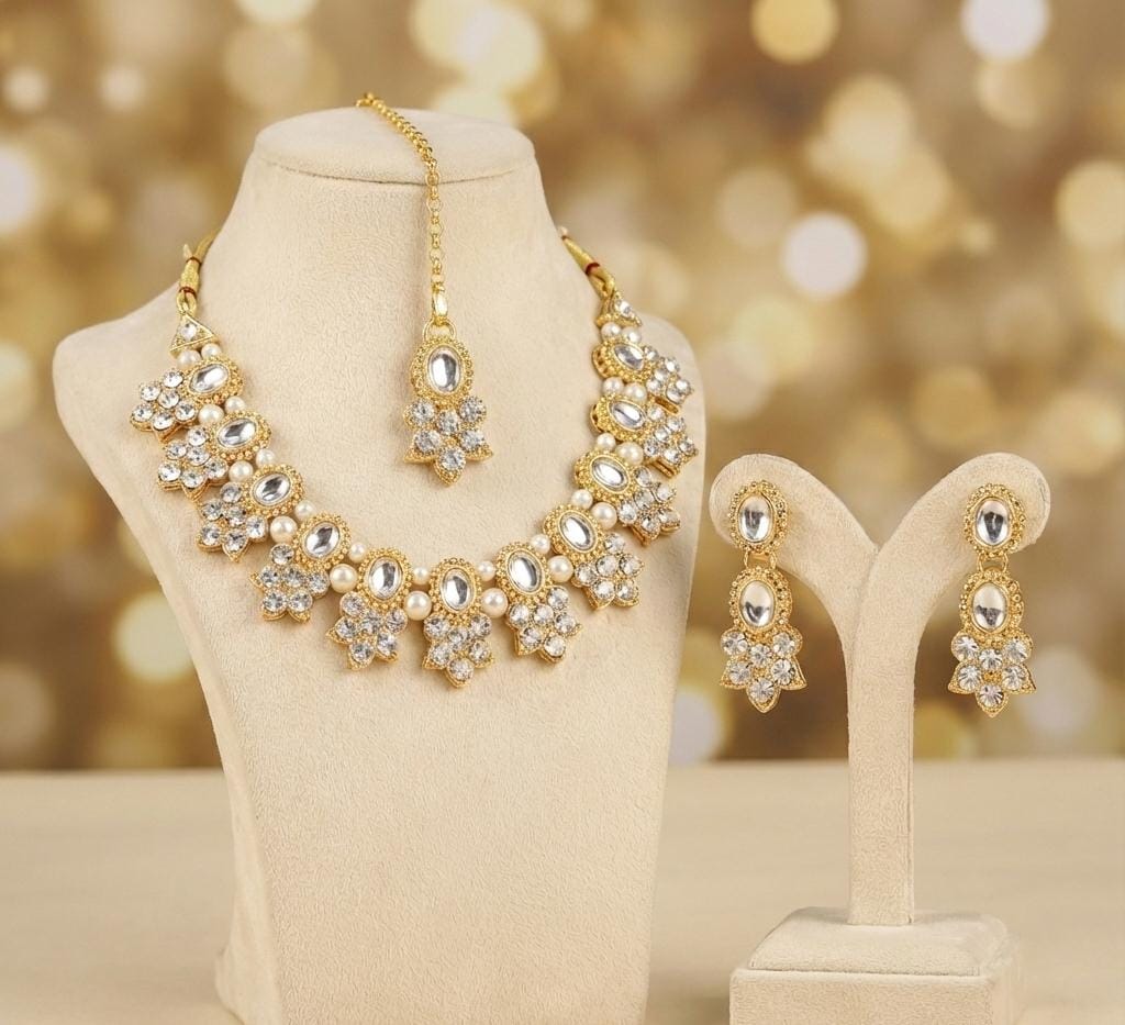 Royal Kundan Pearl Gold-Plated Necklace Set with Maang Tikka
