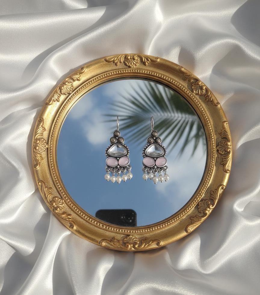 Elegant Oxidised Silver-Finish Drop Earrings with Pastel Pink Stones & Pearl Danglers | Antique Boho Ethnic Earrings for Women & Girls