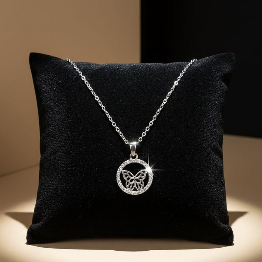 Elegant Silver Butterfly Pendant Necklace | Sparkling Circular Design for Women