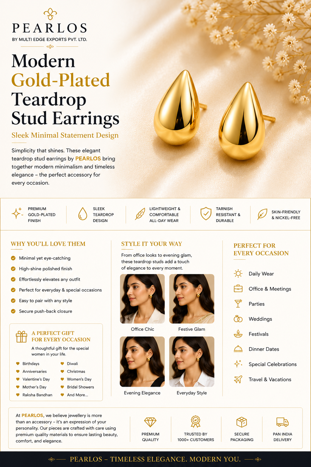 Modern Gold-Plated Teardrop Stud Earrings