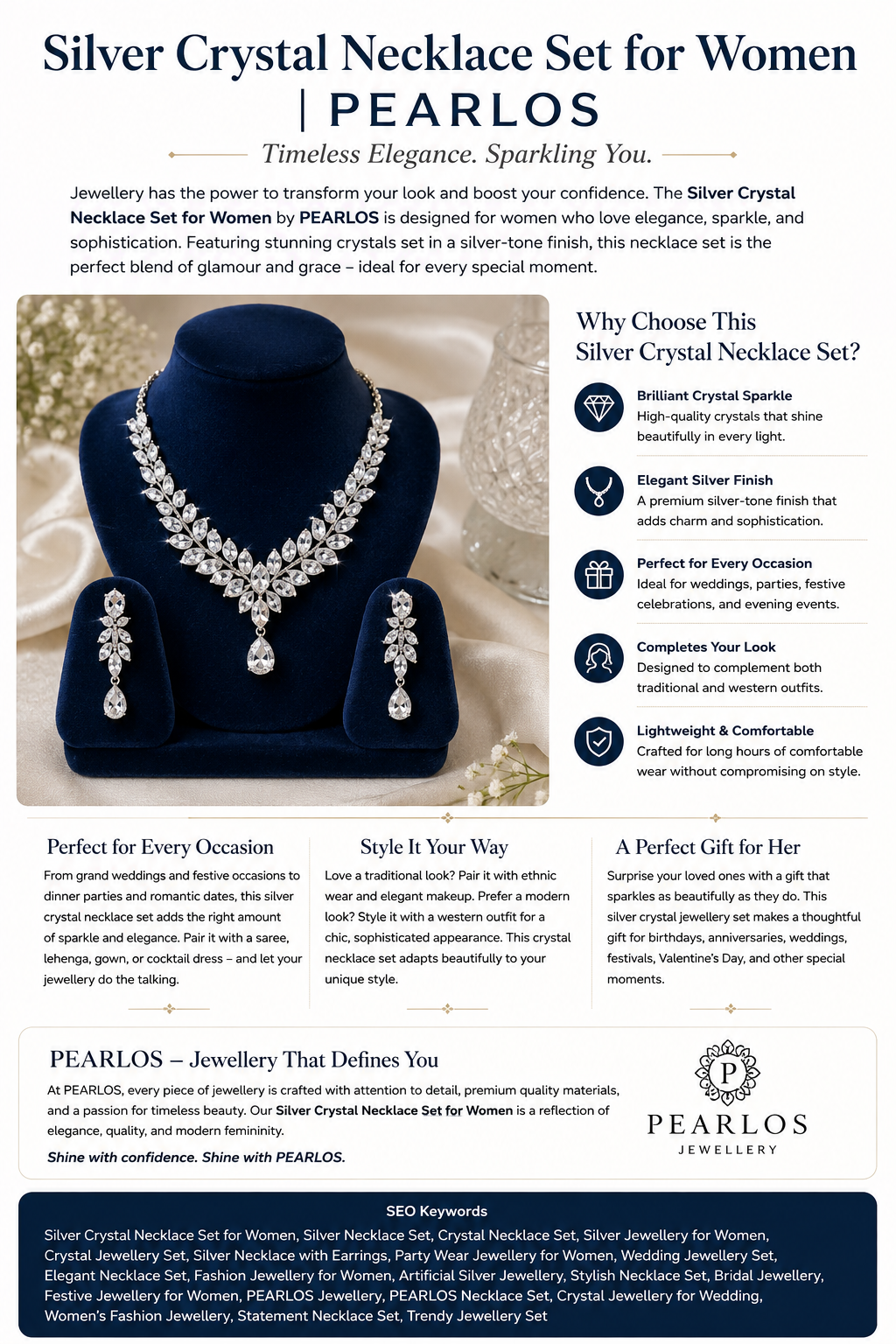 Silver Crystal Necklace Set for Women | PEARLOS