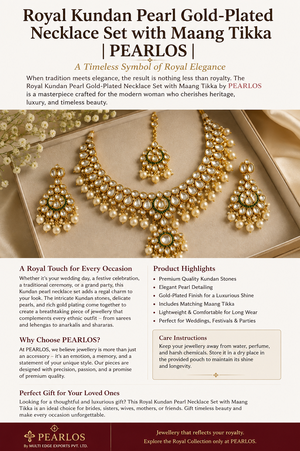 Royal Kundan Pearl Gold-Plated Necklace Set with Maang Tikka
