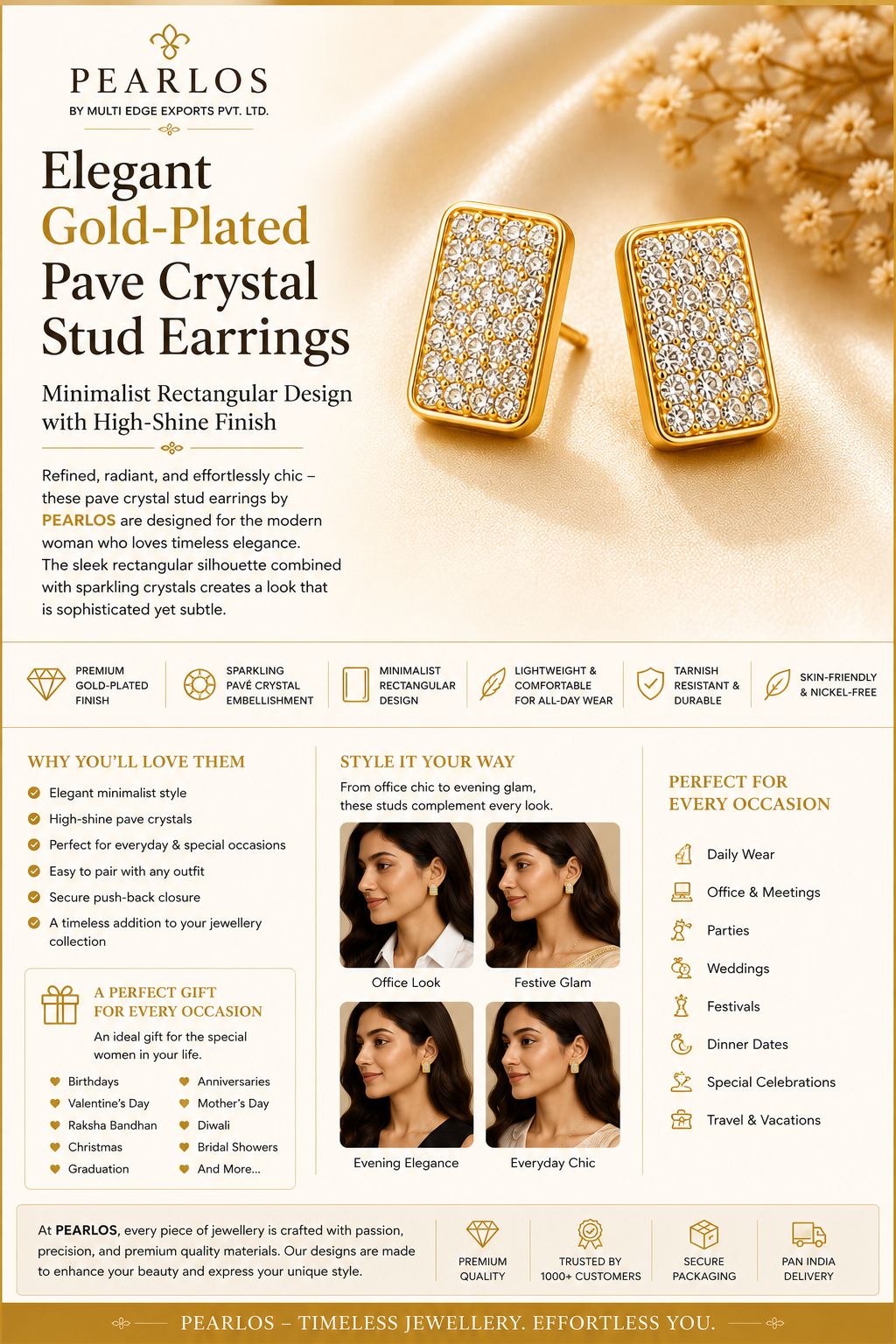 Elegant Gold-Plated Pave Crystal Stud Earrings