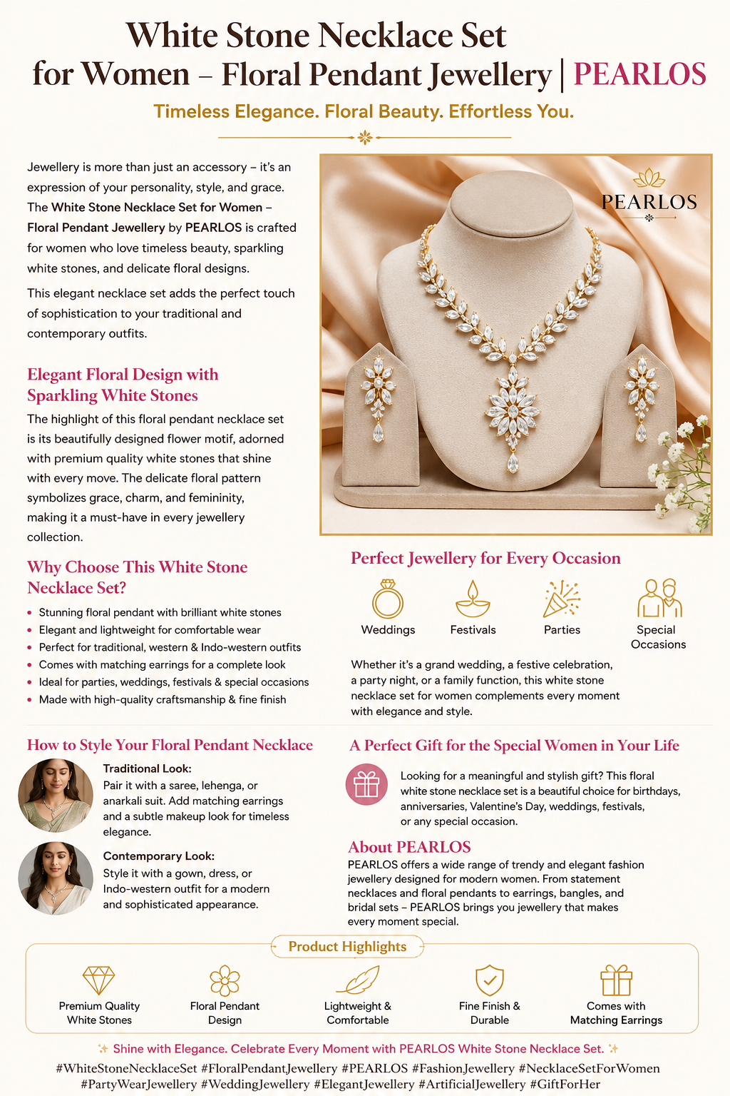 White Stone Necklace Set for Women – Floral Pendant Jewellery