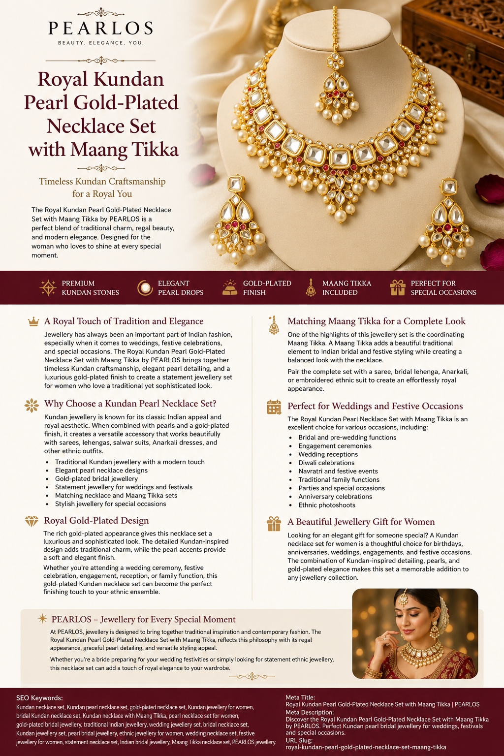 Royal Kundan Pearl Gold-Plated Necklace Set with Maang Tikka