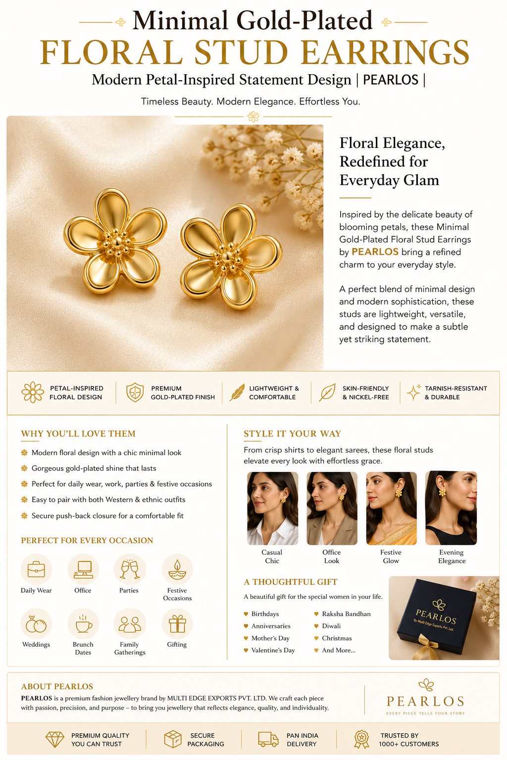 Minimal Gold-Plated Floral Stud Earrings – Timeless Floral Beauty
