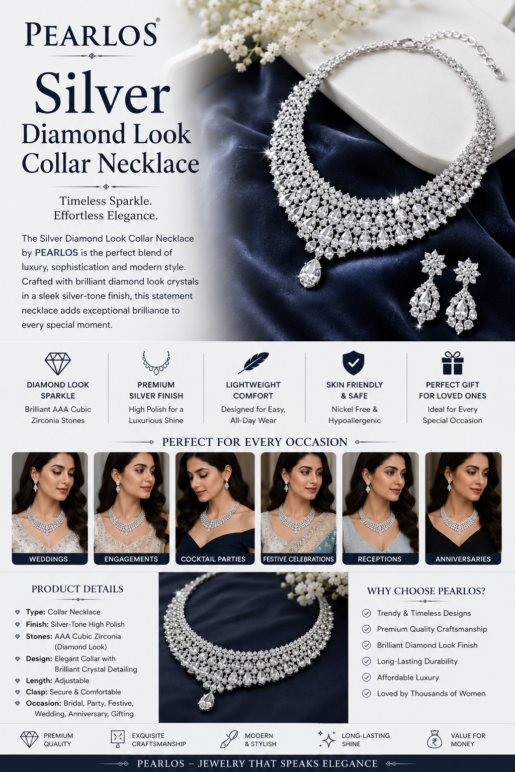 Silver Diamond Look Collar Necklace | PEARLOS