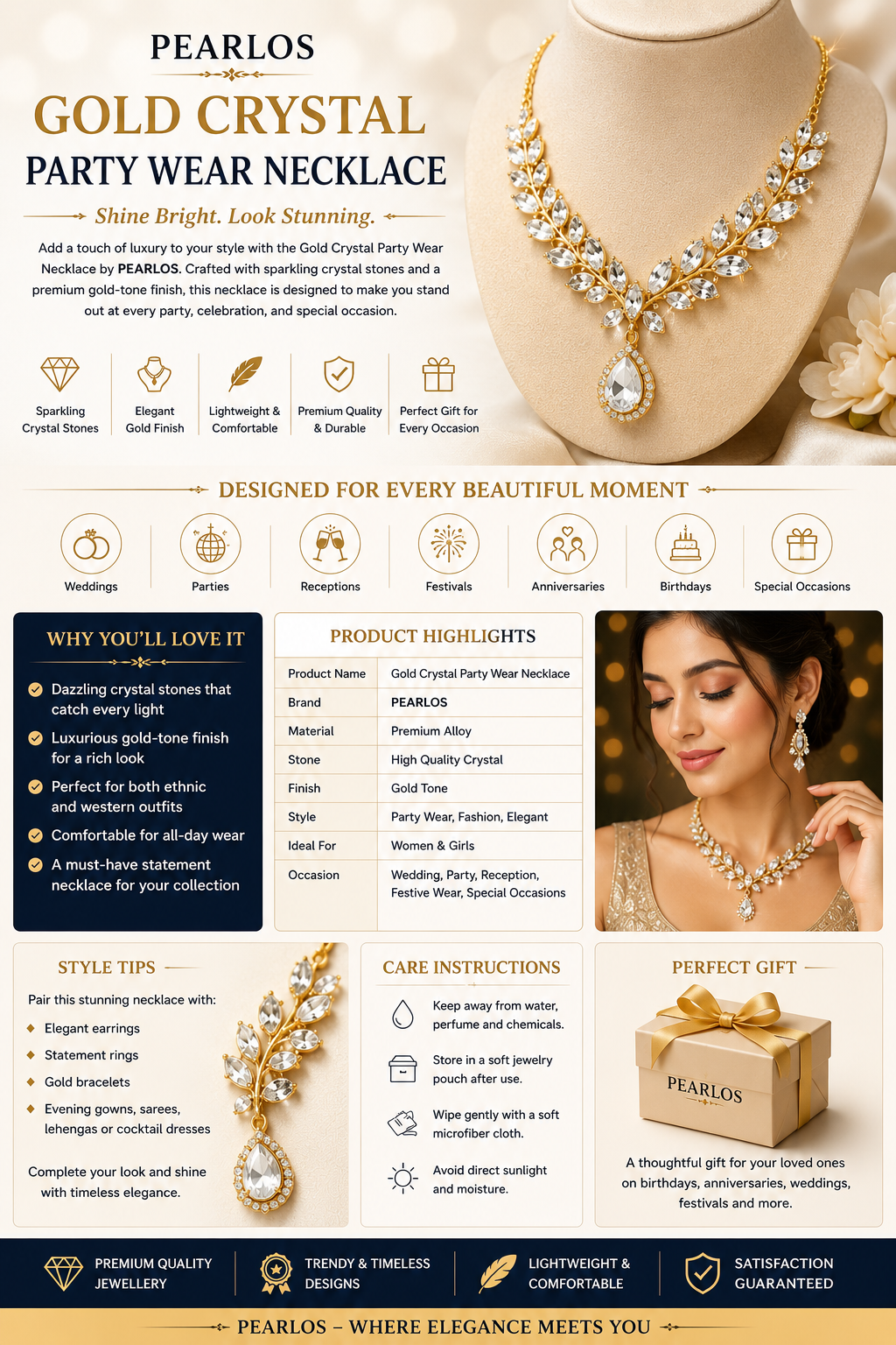 Gold Crystal Party Wear Necklace
