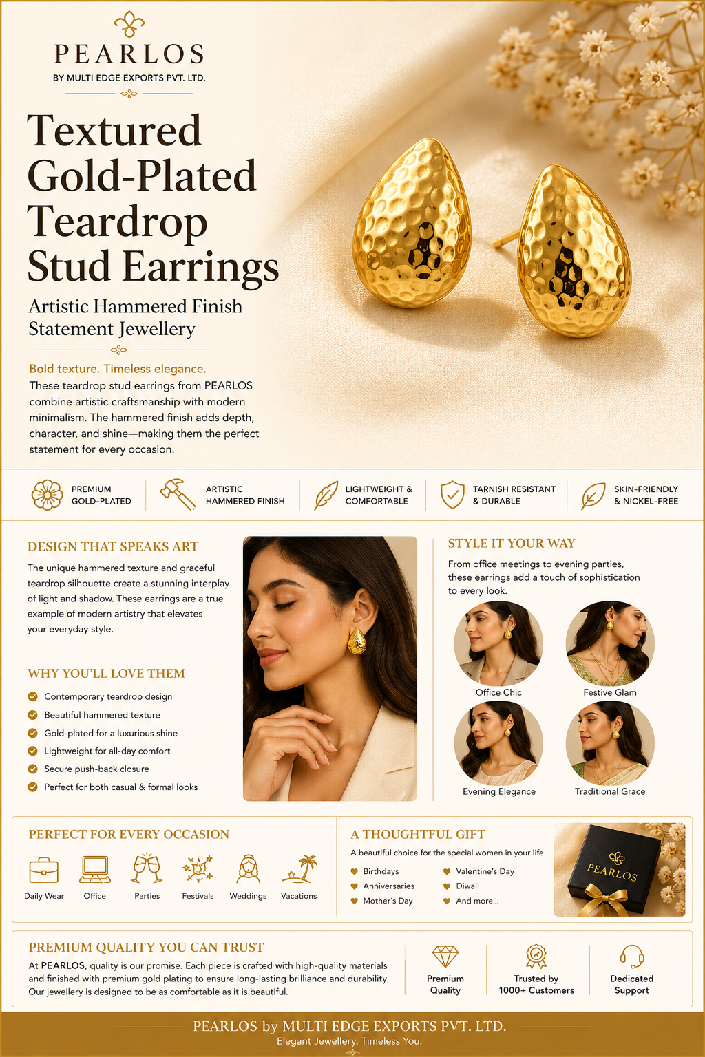 Textured Gold-Plated Teardrop Stud Earrings