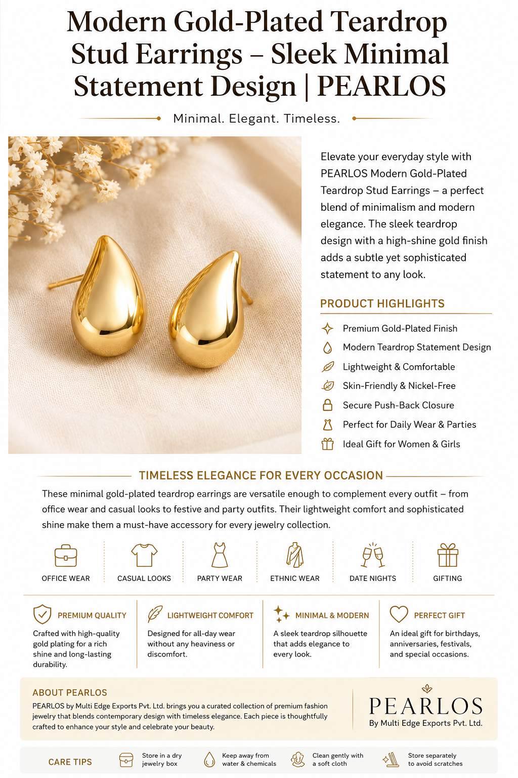 Modern Gold-Plated Teardrop Stud Earrings – Sleek Minimal Statement Design | PEARLOS