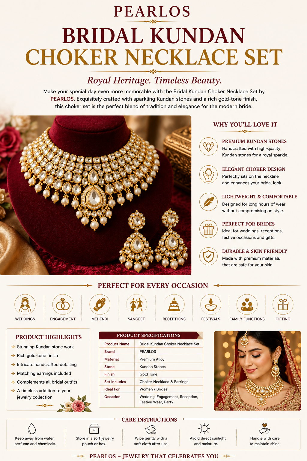 Bridal Kundan Choker Necklace Set | PEARLOS