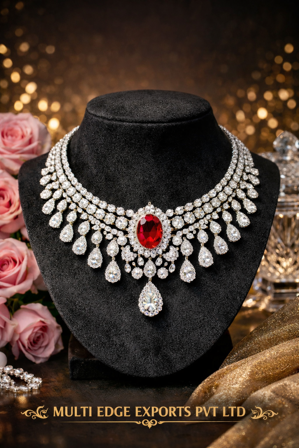 Classic Glamour with a Modern Touch: Premium White Diamond Finish Necklace Highlighted by a Rich Red Stone Elegance