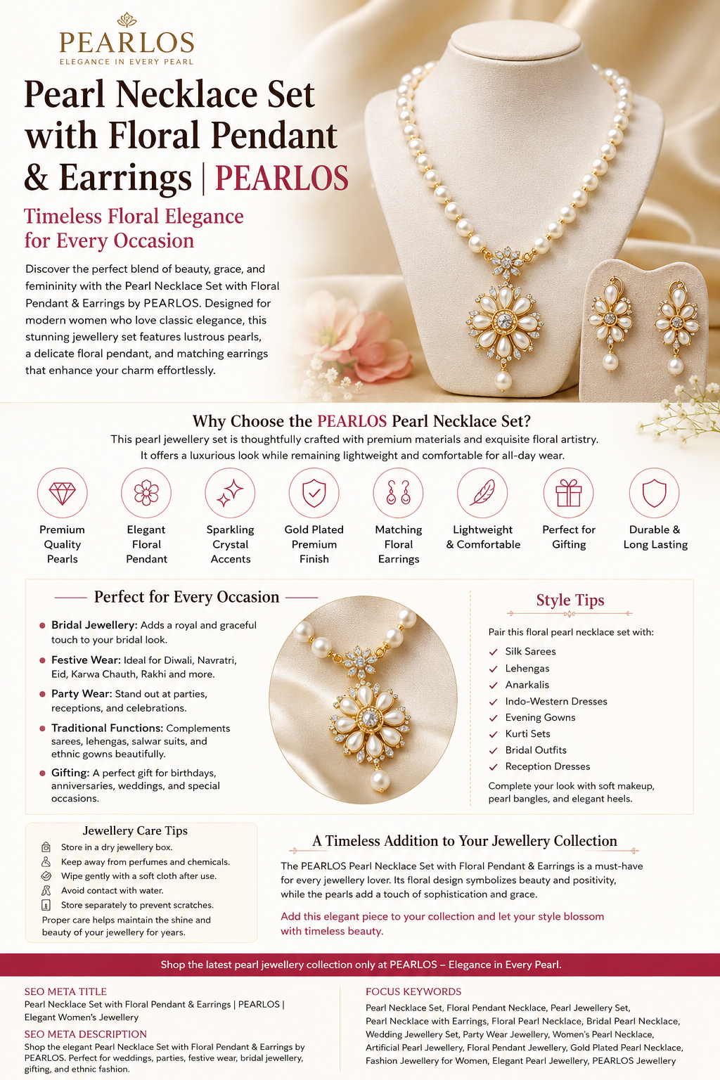Pearl Necklace Set with Floral Pendant & Earrings