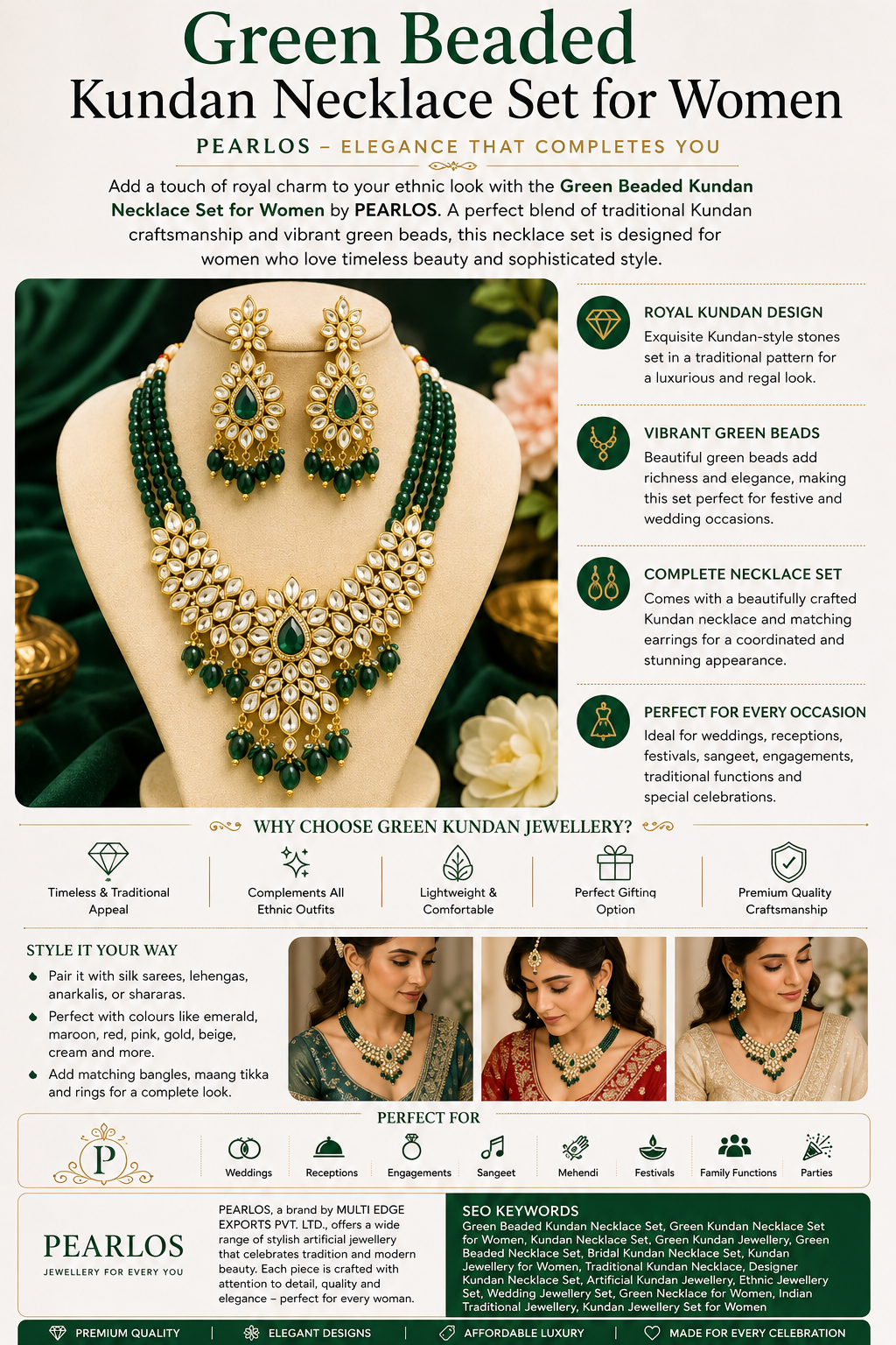 Green Beaded Kundan Necklace Set for Women | PEARLOS