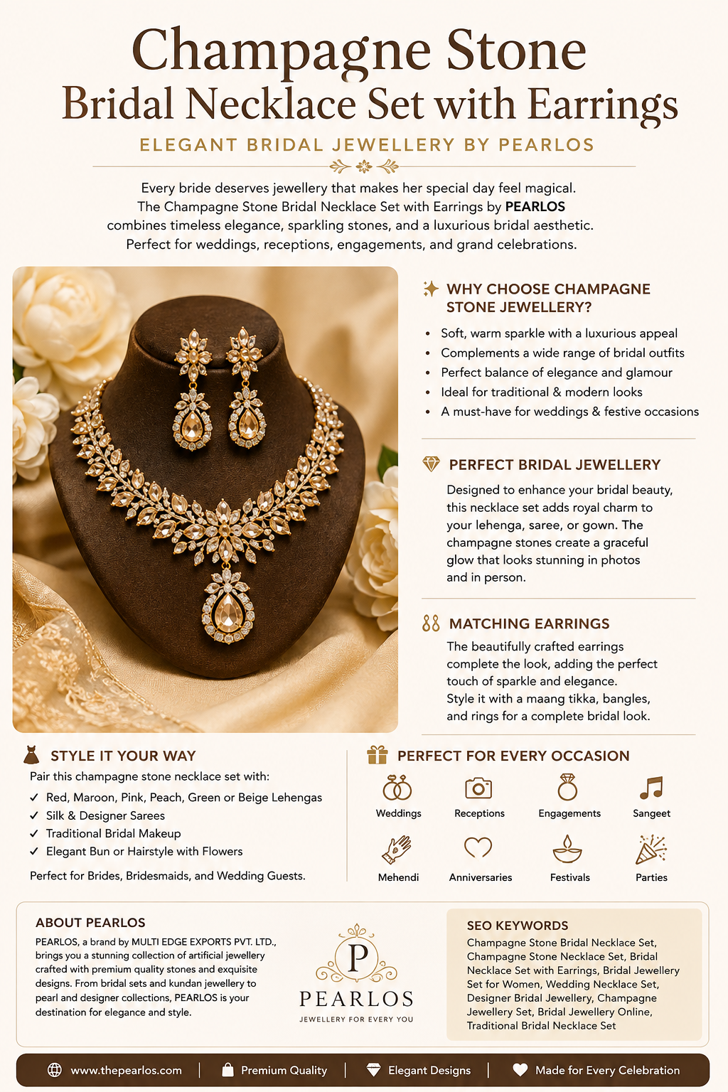 Champagne Stone Bridal Necklace Set with Earrings