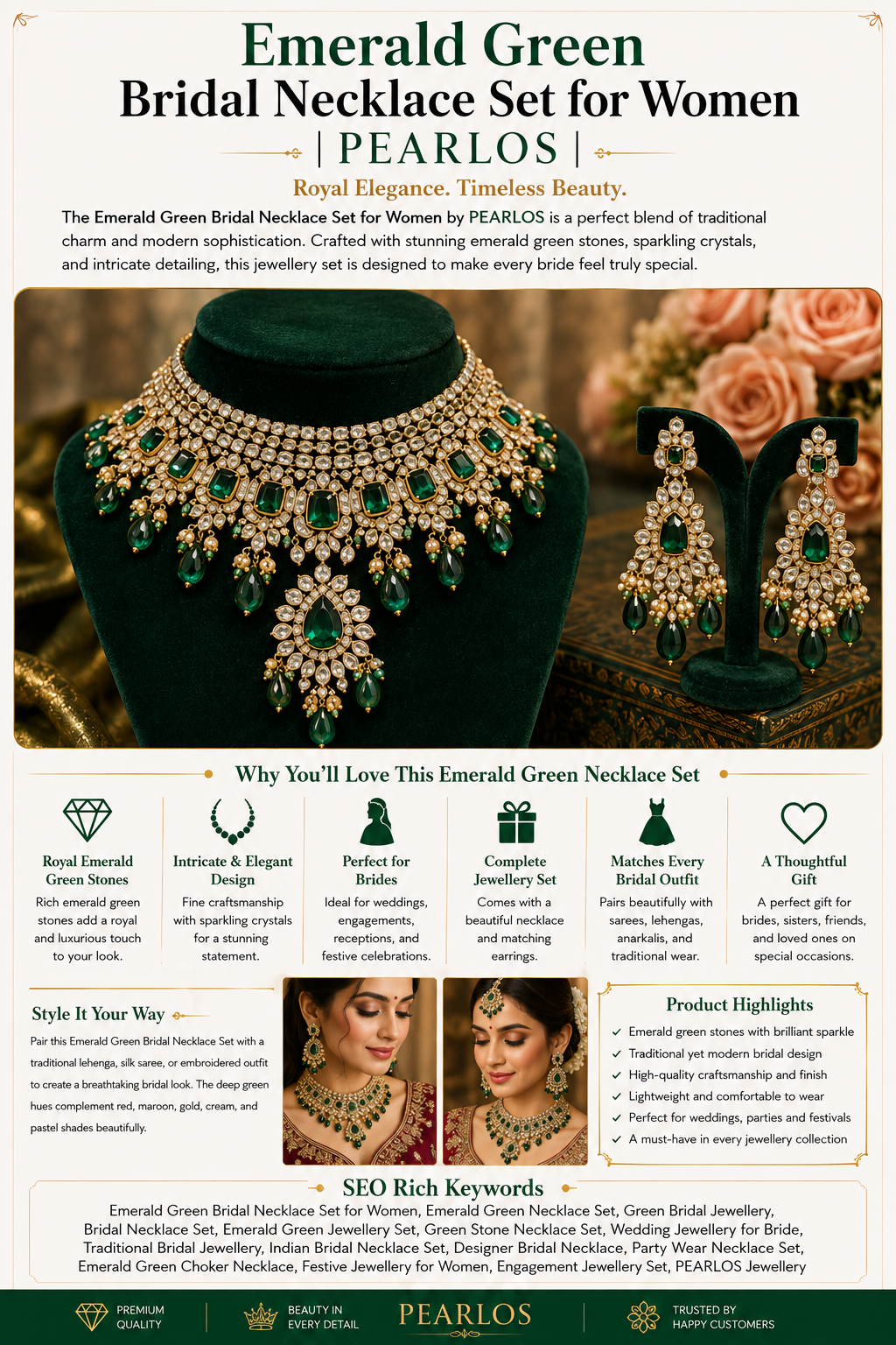 Emerald Green Bridal Necklace Set for Women | PEARLOS