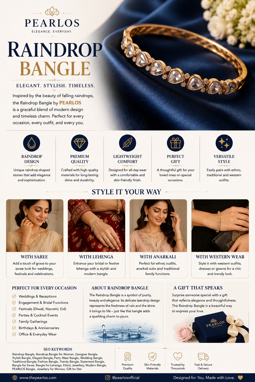 Raindrop Bangle for Women | PEARLOS | Elegant & Stylish Statement