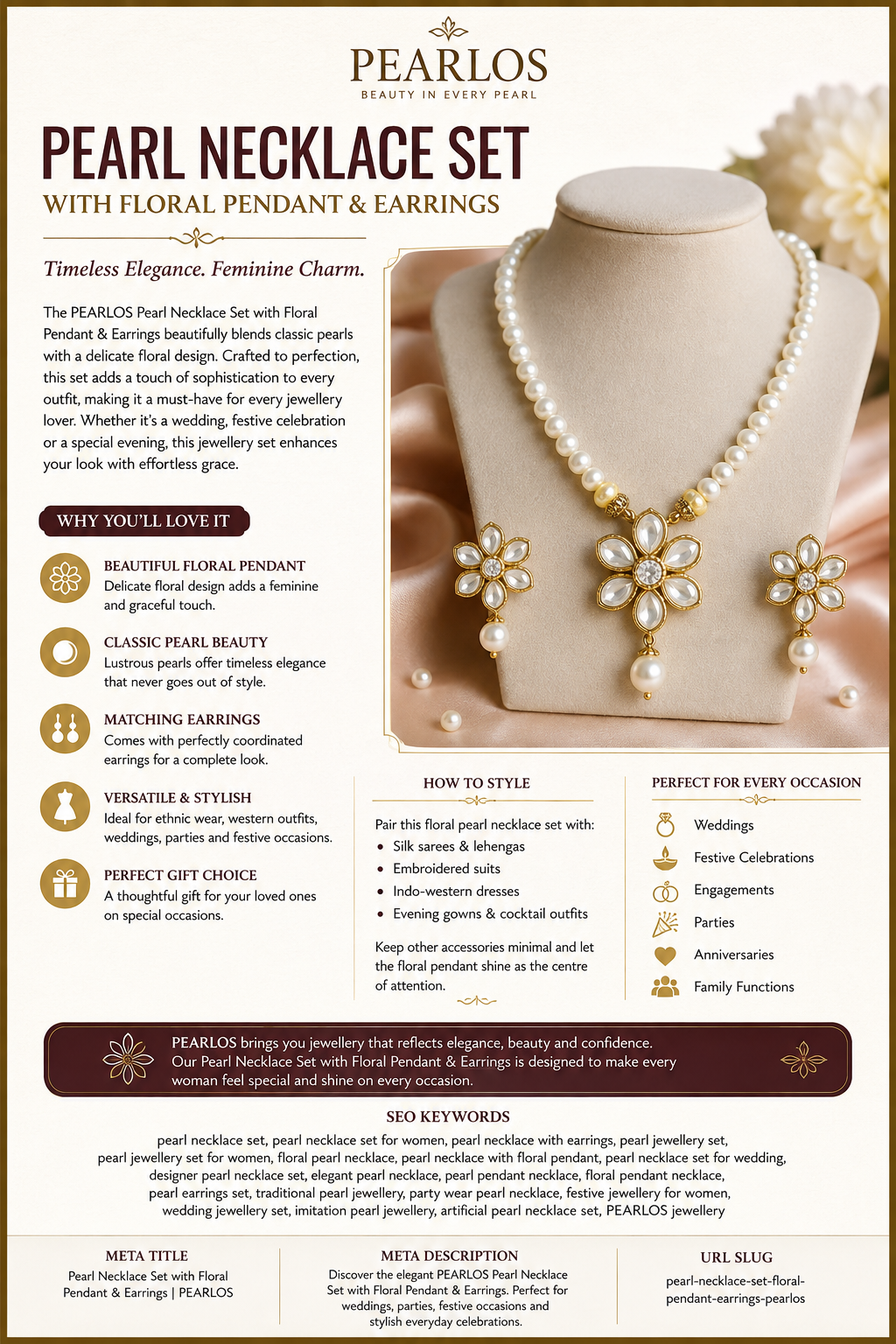 Pearl Necklace Set with Floral Pendant & Earrings | PEARLOS