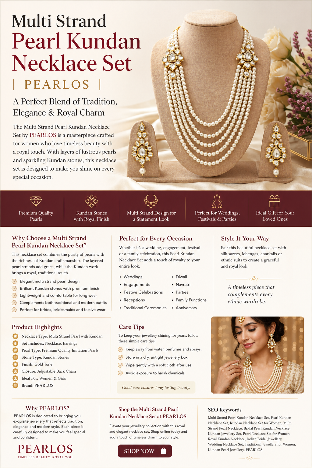 Multi Strand Pearl Kundan Necklace Set | PEARLOS