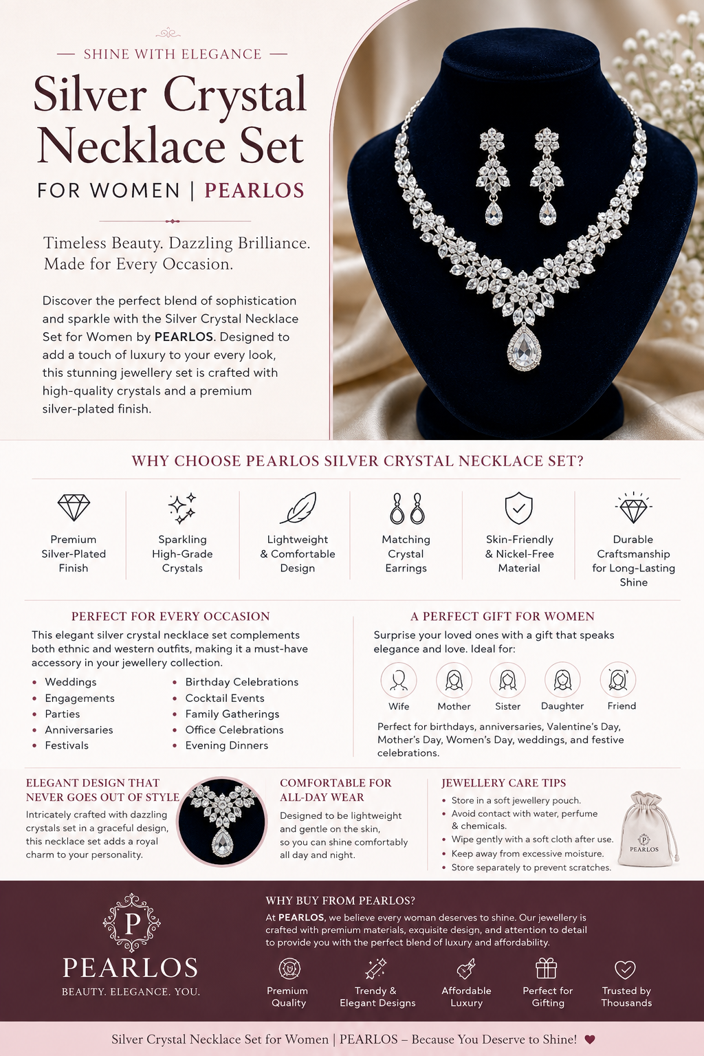 Silver Crystal Necklace Set for Women | PEARLOS