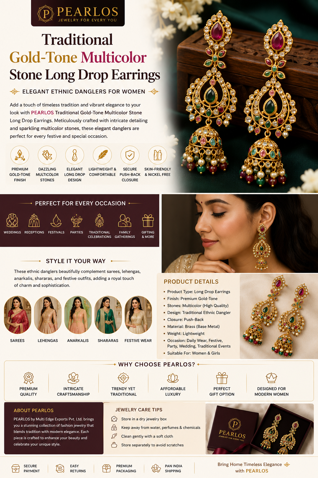 Traditional Gold-Tone Multicolor Stone Long Drop Earrings