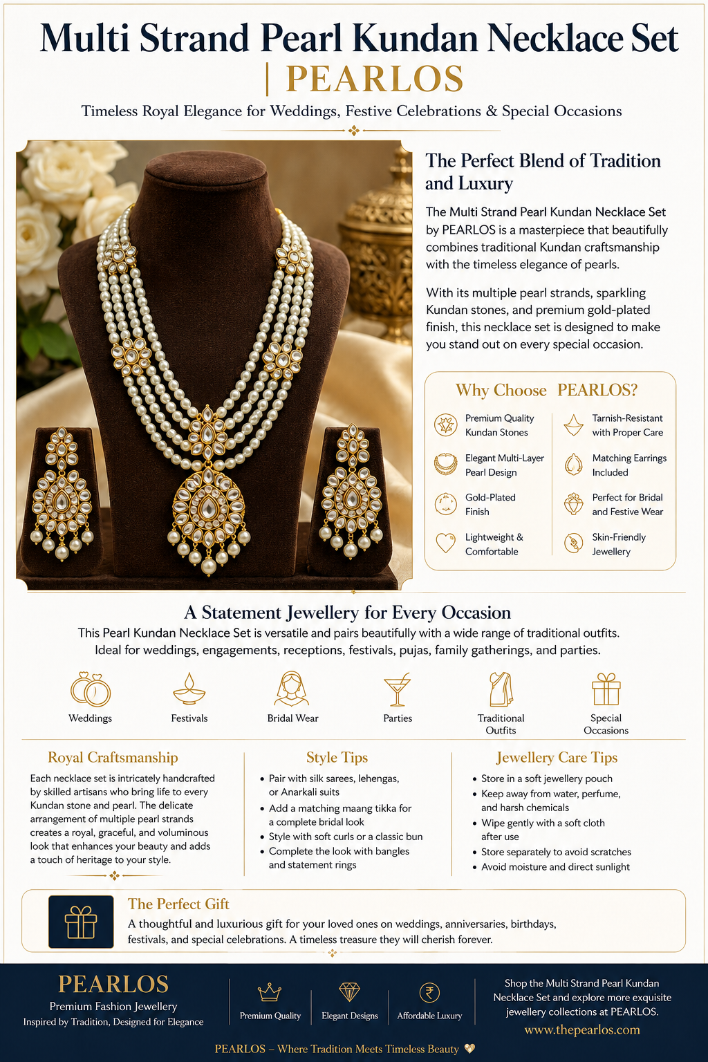 Multi Strand Pearl Kundan Necklace Set | PEARLOS