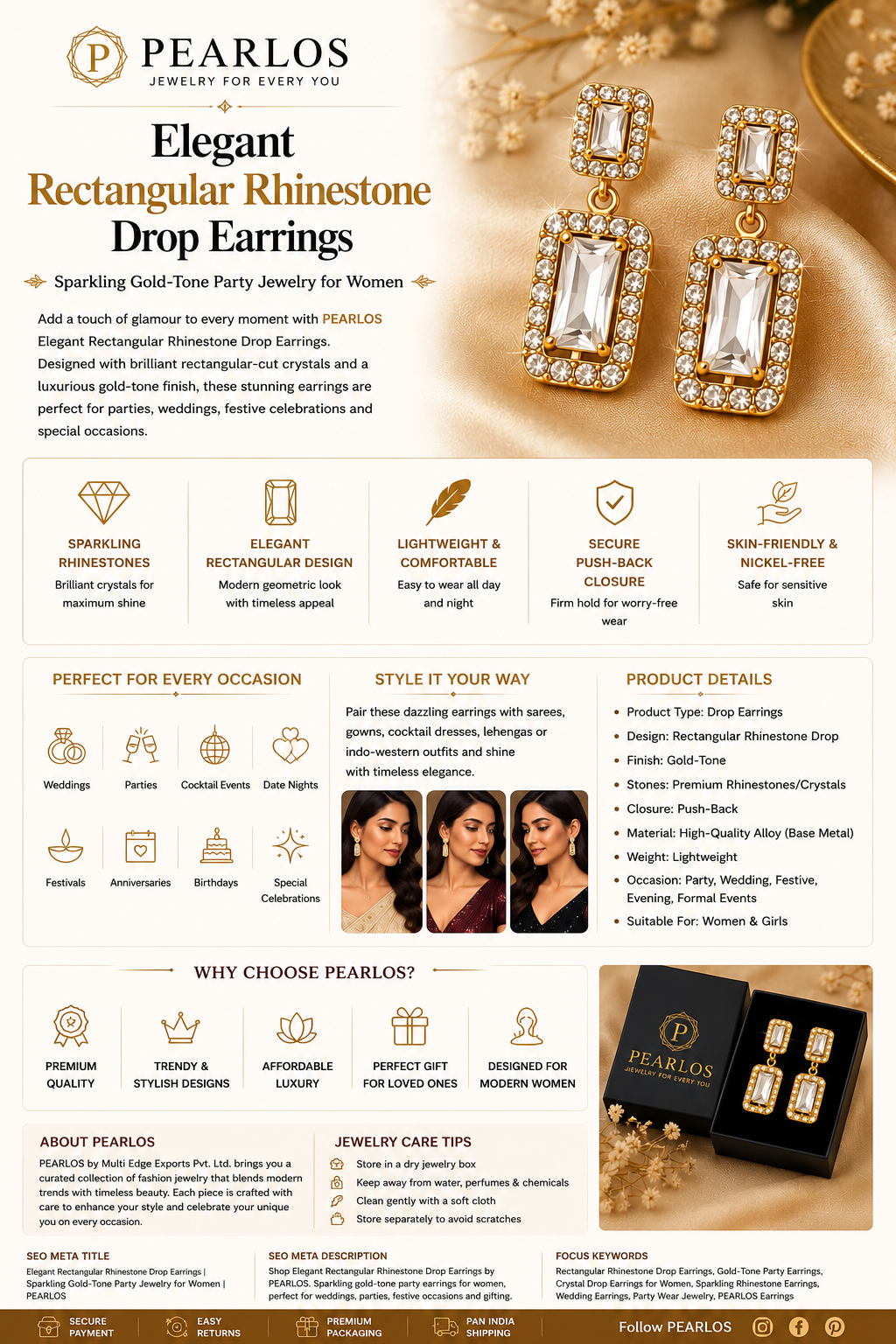 Elegant Rectangular Rhinestone Drop Earrings