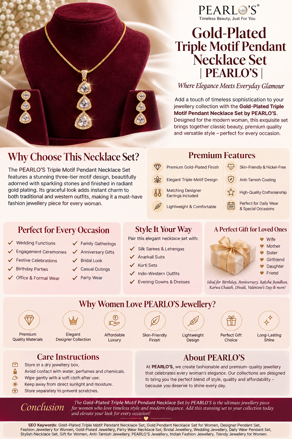 Gold-Plated Triple Motif Pendant Necklace Set | PEARLO’S