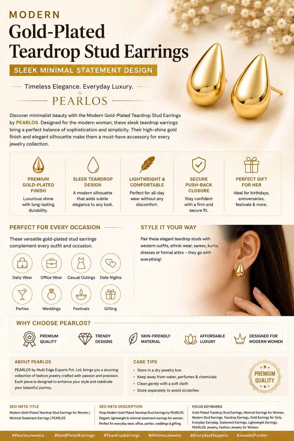 Modern Gold-Plated Teardrop Stud Earrings
