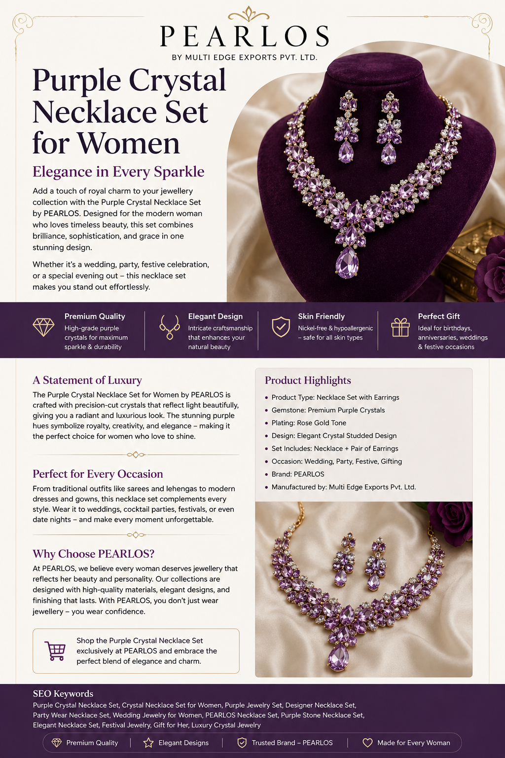 Purple Crystal Necklace Set for Women | PEARLOS