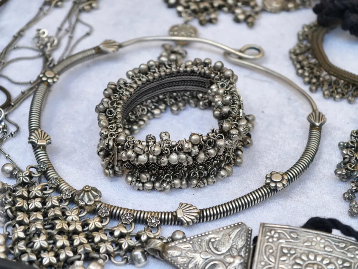Oxidized Silver Jhumka Earrings with Mirror Work