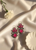 Oxidised Silver Look Pink Stone Floral Drop Earrings | Handcrafted Ethnic Dangler Earrings for Women | PEARLOS |