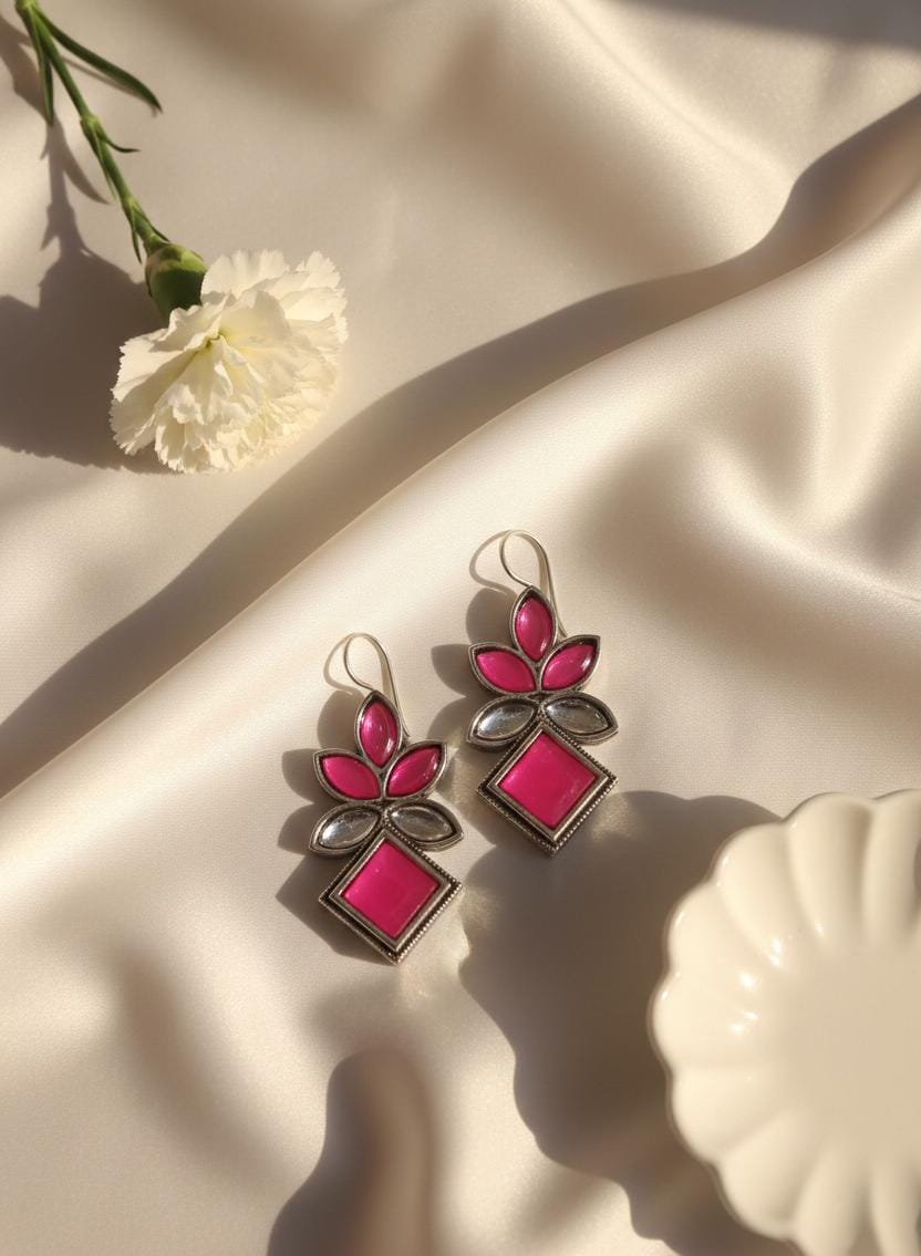Oxidised Silver Look Pink Stone Floral Drop Earrings | Handcrafted Ethnic Dangler Earrings for Women | PEARLOS |