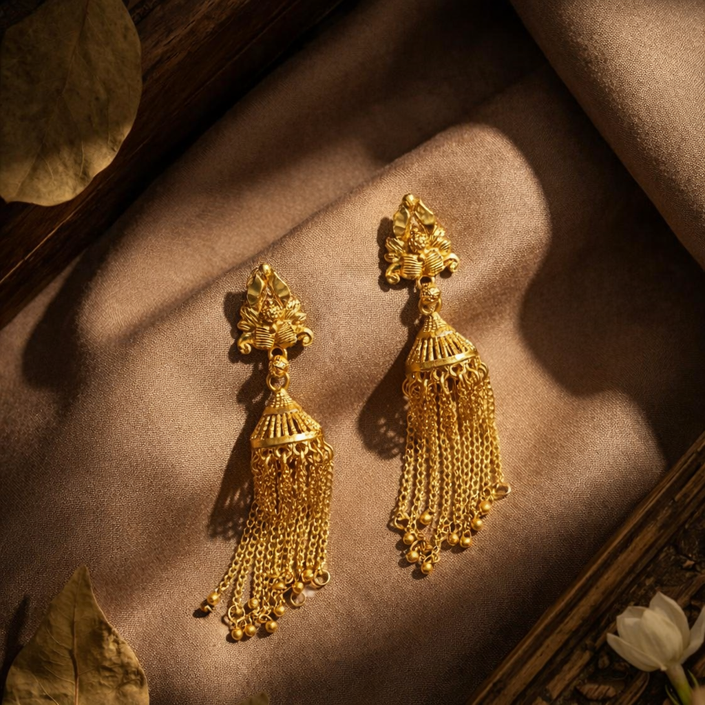 Royal Gold Cascade Jhumka Earrings – A Timeless Statement of Elegance