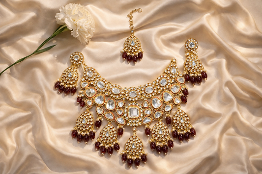 Royal Kundan Bridal Necklace Set with Matching Earrings & Maang Tikka | Gold-Plated Traditional Indian Jewellery with Red Bead Drops