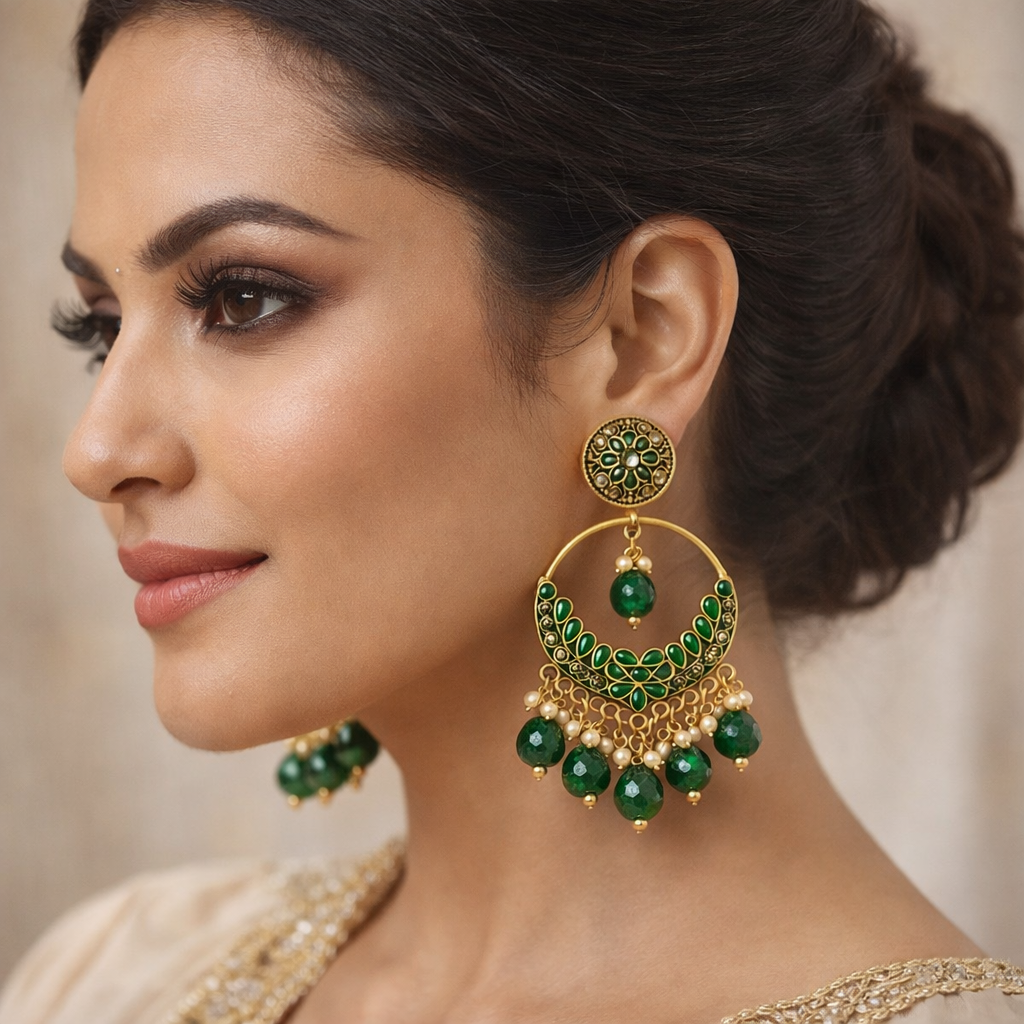 Royal Emerald Green Kundan Chandbali Earrings with Pearl Drops